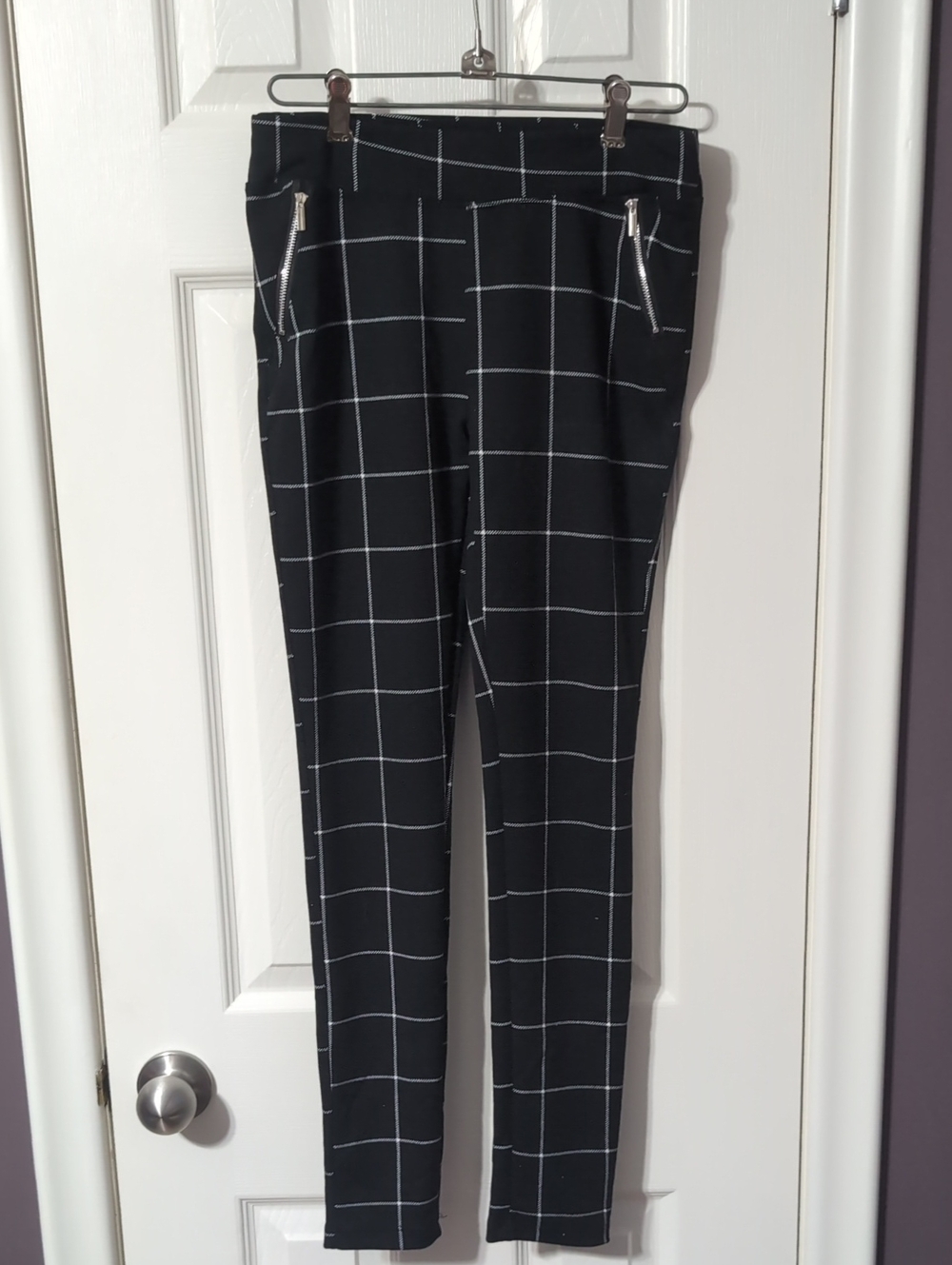 Black Windowpane Skinny Pants with Silver Zippers
